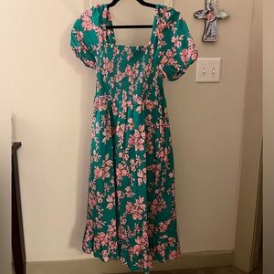 JCrew green and pink smocked midi dress